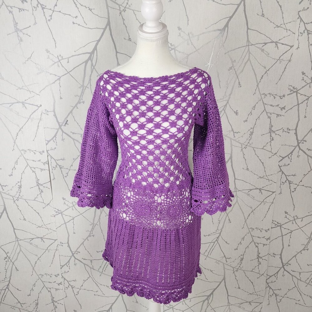 Hand Crochet Lilac Bell Sleeve Sheer Boat Neck Sweater Dress